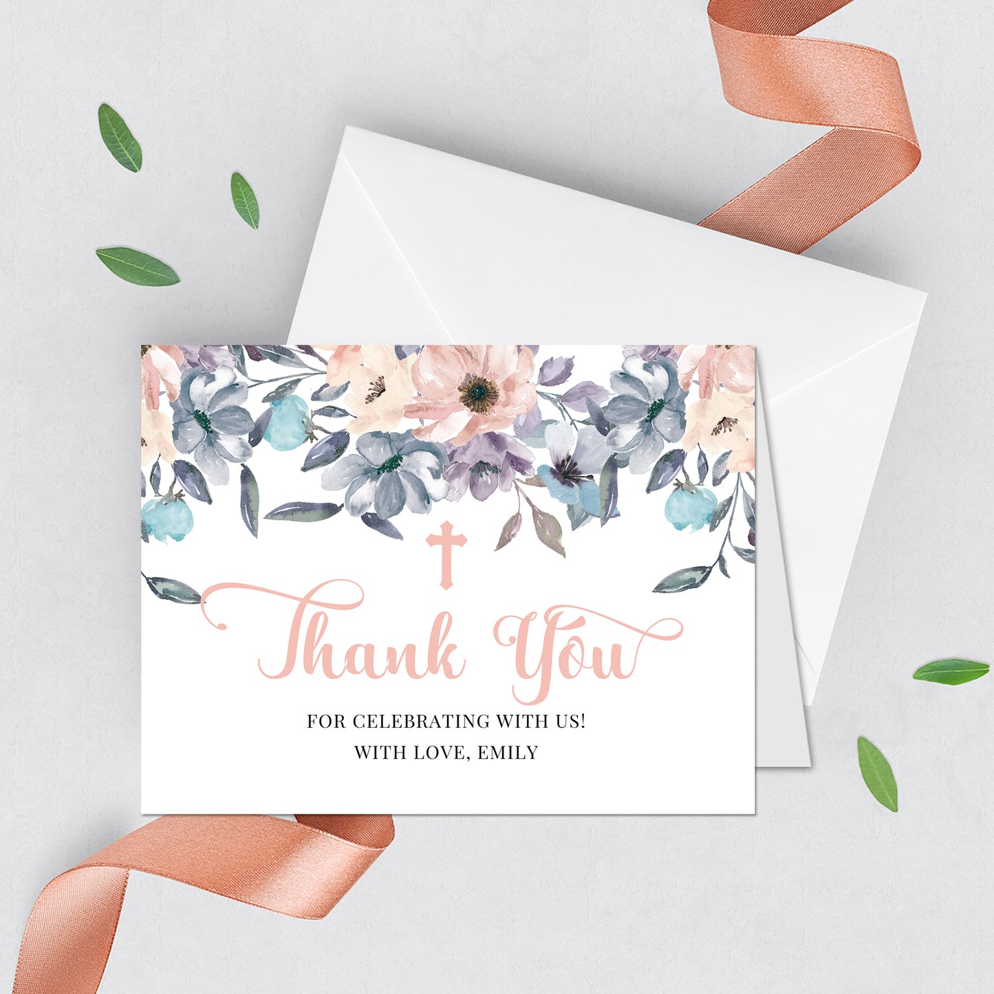 First Communion Invitations, Invitation Romantic Floral Invitation Blush and Dusty Blue Floral Design Printed