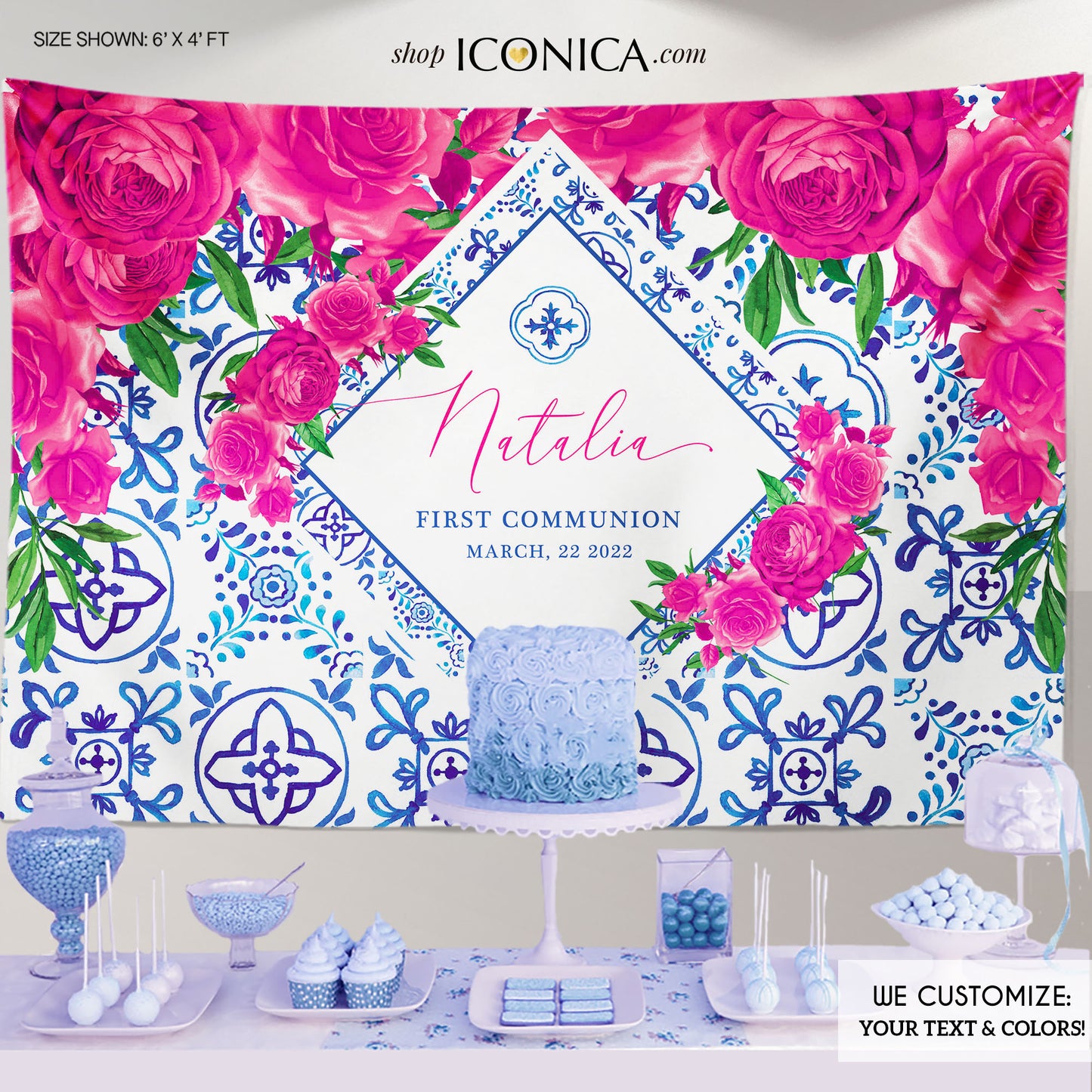 First Communion Backdrop Vinyl for Girl Tuscan Hot Pink Floral Design - Natalia Collection