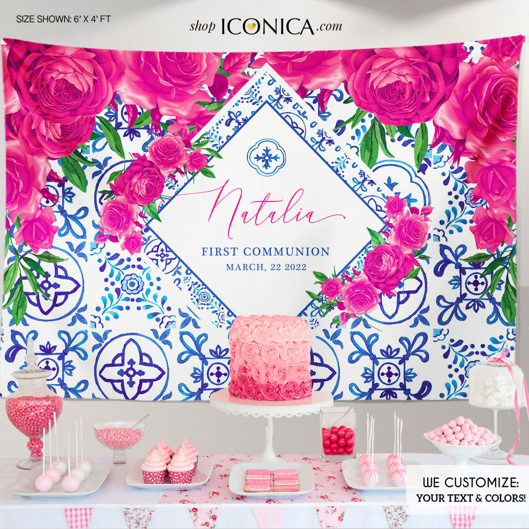 First Communion Backdrop Vinyl for Girl Tuscan Hot Pink Floral Design - Natalia Collection