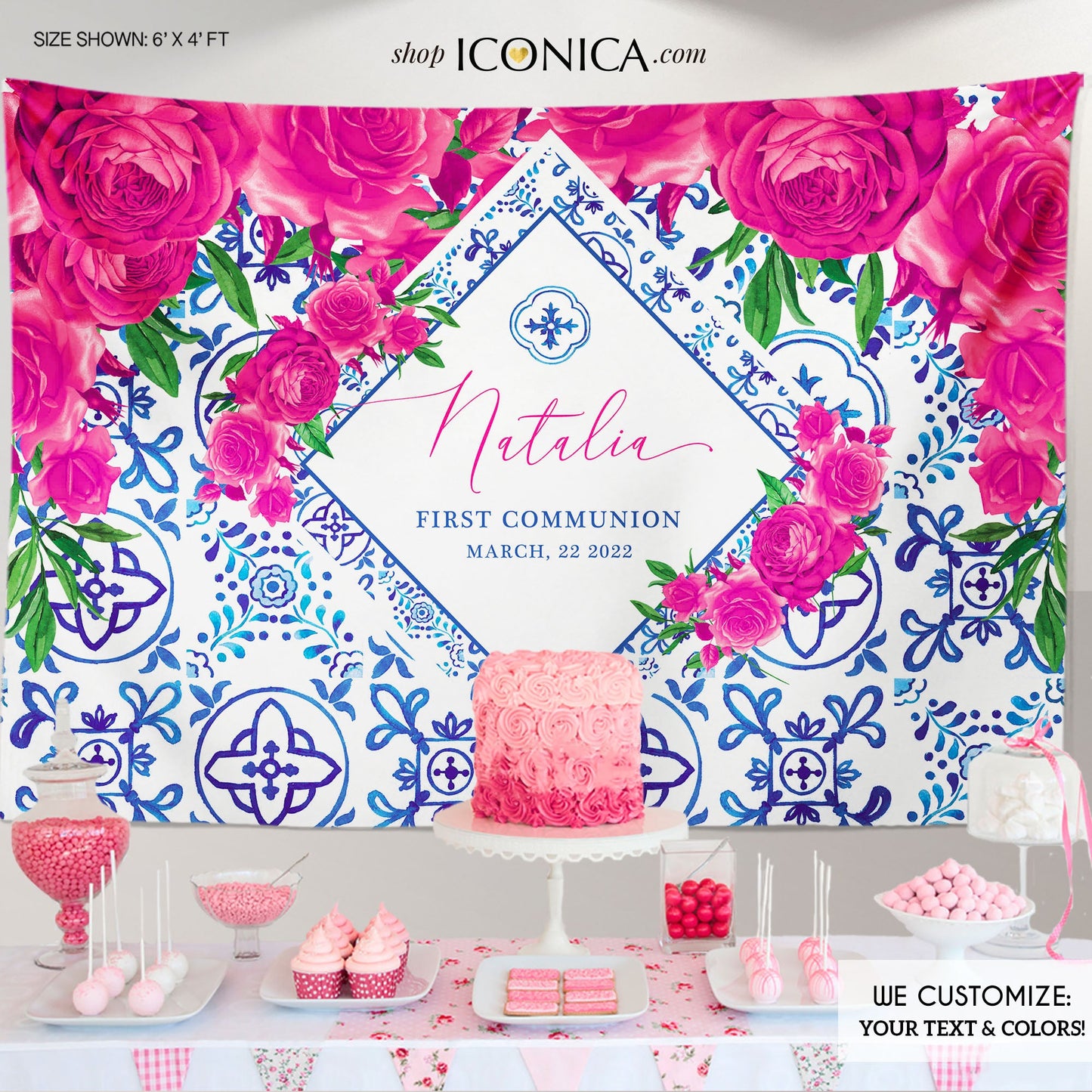 First Communion Backdrop Fabric for Girl Tuscan Hot Pink Floral Design - Natalia Collection