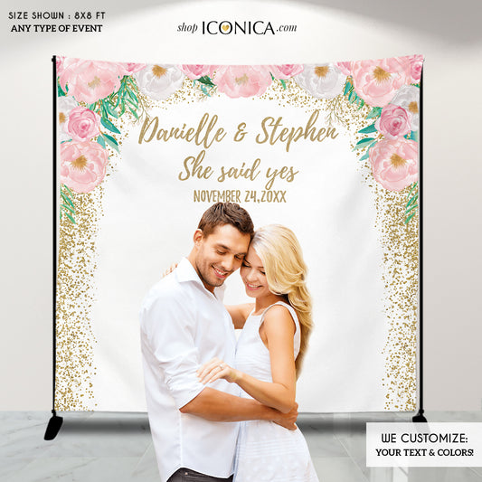 Wedding Backdrop, Bridal Shower backdrop, Floral Backdrop Pink and Gold, Personalized step and repeat,Engagement Party, Garden Party BWD0018
