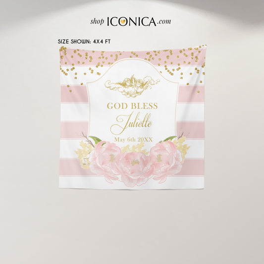 Baptism Party Backdrop,Pink Striped Floral Banner,Pink Peonies First Communion Banner Cherubs - Printed BAR0001