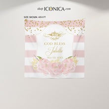 Load image into Gallery viewer, Baptism Party Backdrop,Pink Striped Floral Banner,Pink Peonies First Communion Banner Cherubs - Printed BAR0001

