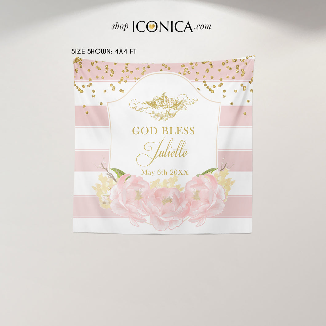 Baptism Party Backdrop,Pink Striped Floral Banner,Pink Peonies First Communion Banner Cherubs - Printed BAR0001