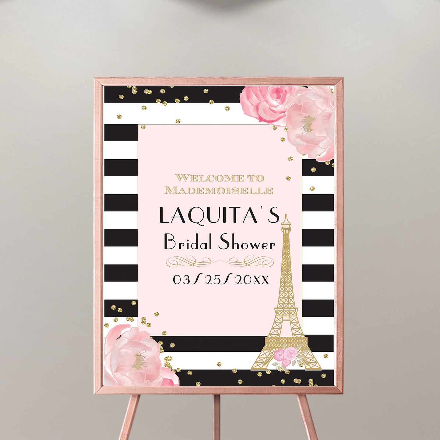 Bridal Shower Welcome Sign French Party Floral Black And White Stripes - Parisian Bridal Shower - Printed Or Printable File - Swbr001