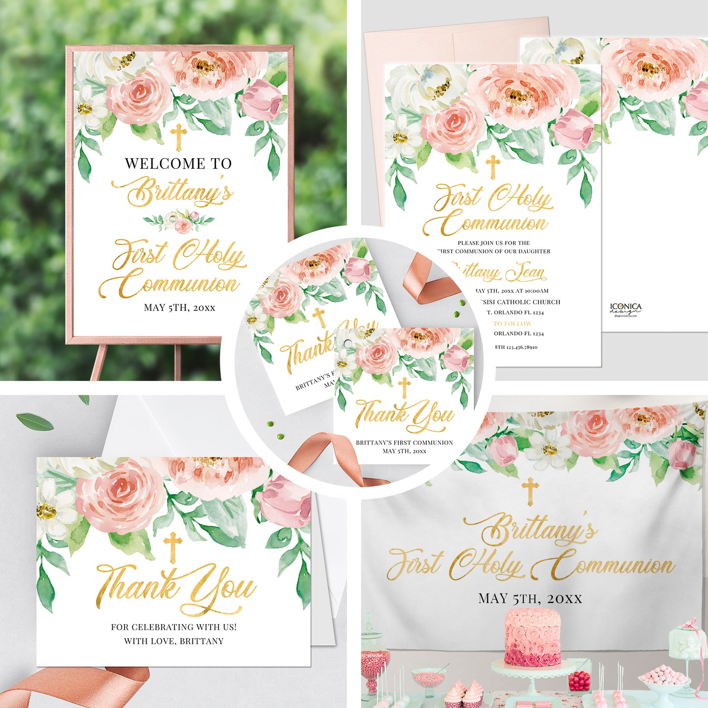 First Communion Invitations, Pink Peach Floral Invitation, Watercolor Religious Events, Printed