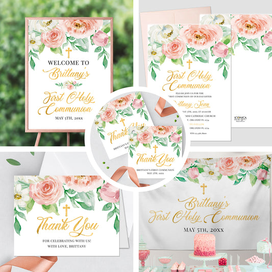 First Communion Invitations, Pink Peach Floral Invitation, Watercolor Religious Events, Printed