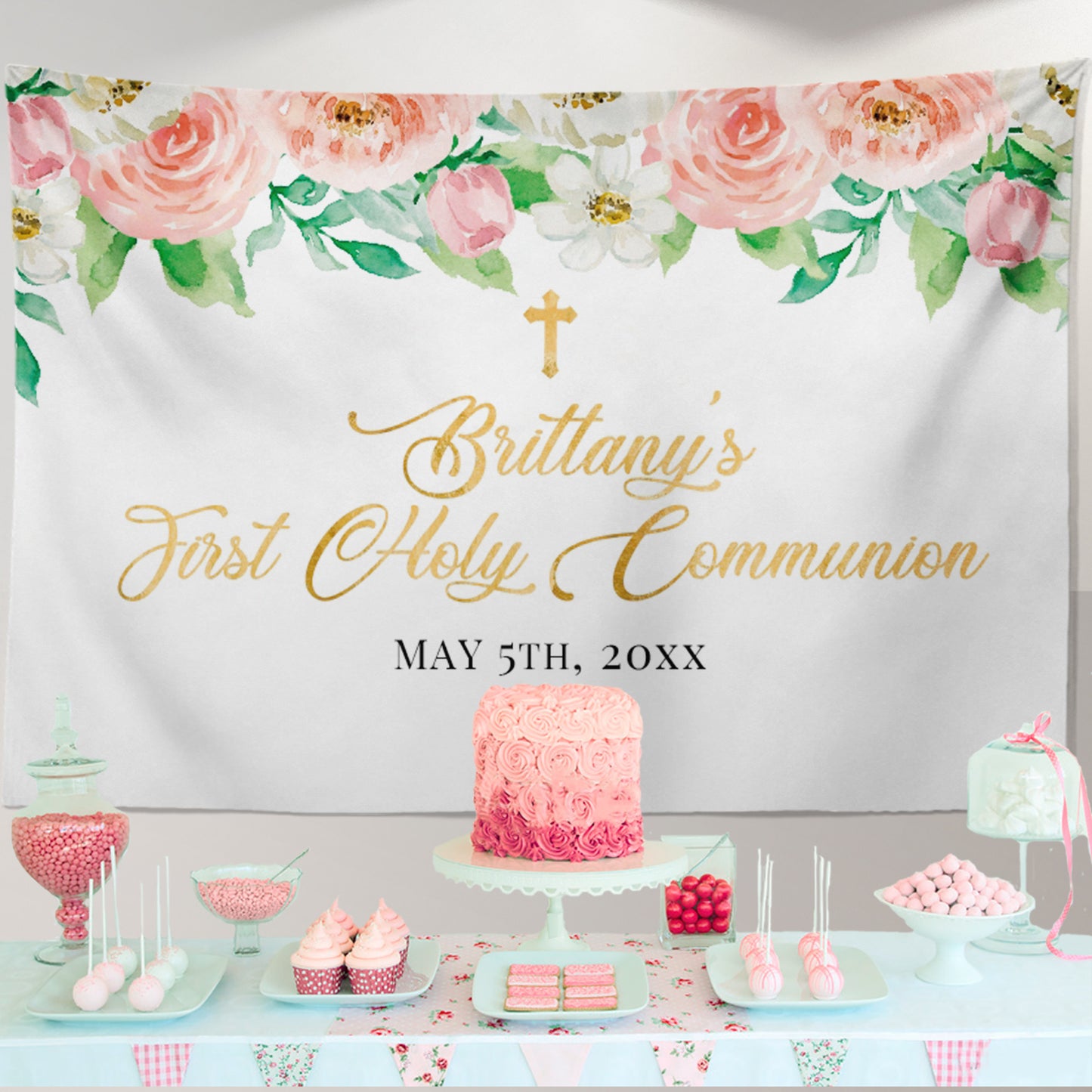 First Communion Invitations, Pink Peach Floral Invitation, Watercolor Religious Events, Printed