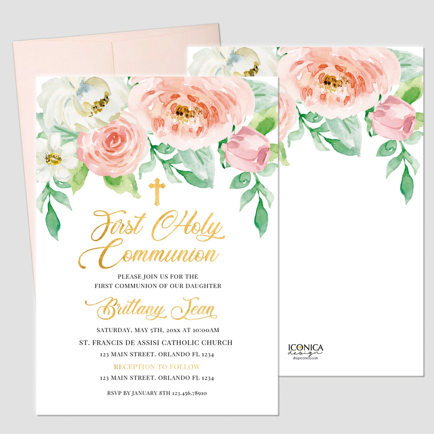 First Communion Invitations, Pink Peach Floral Invitation, Watercolor Religious Events, Printed