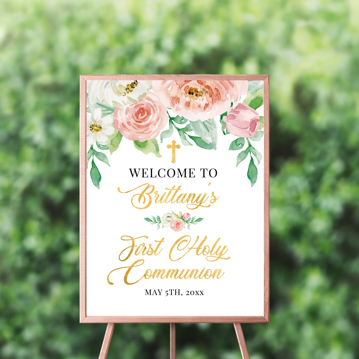 First Communion Invitations, Pink Peach Floral Invitation, Watercolor Religious Events, Printed