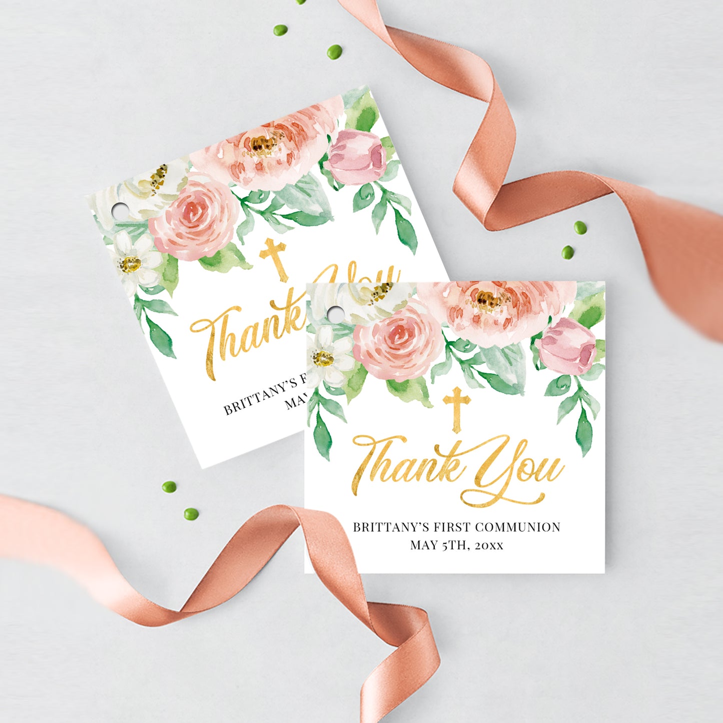 First Communion Invitations, Pink Peach Floral Invitation, Watercolor Religious Events, Printed