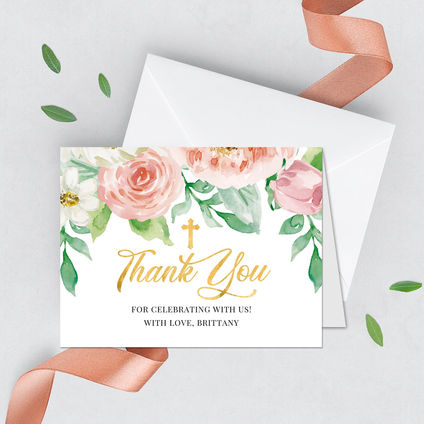 First Communion Invitations, Pink Peach Floral Invitation, Watercolor Religious Events, Printed