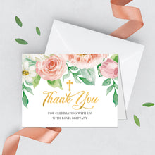 Load image into Gallery viewer, First Communion Invitations, Pink Peach Floral Invitation, Watercolor Religious Events, Printed
