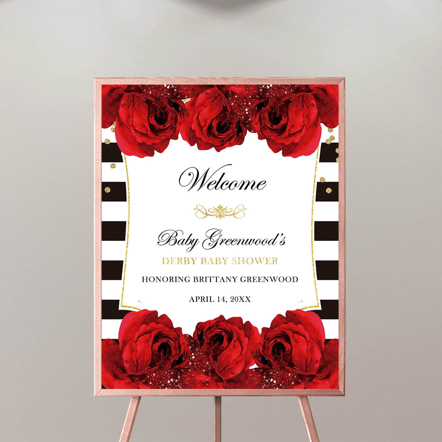 Bridal Shower Welcome Sign, Kentucky Derby Decorations, Black and White Stripes, Red Roses, Printed , Free Shipping SWBS012