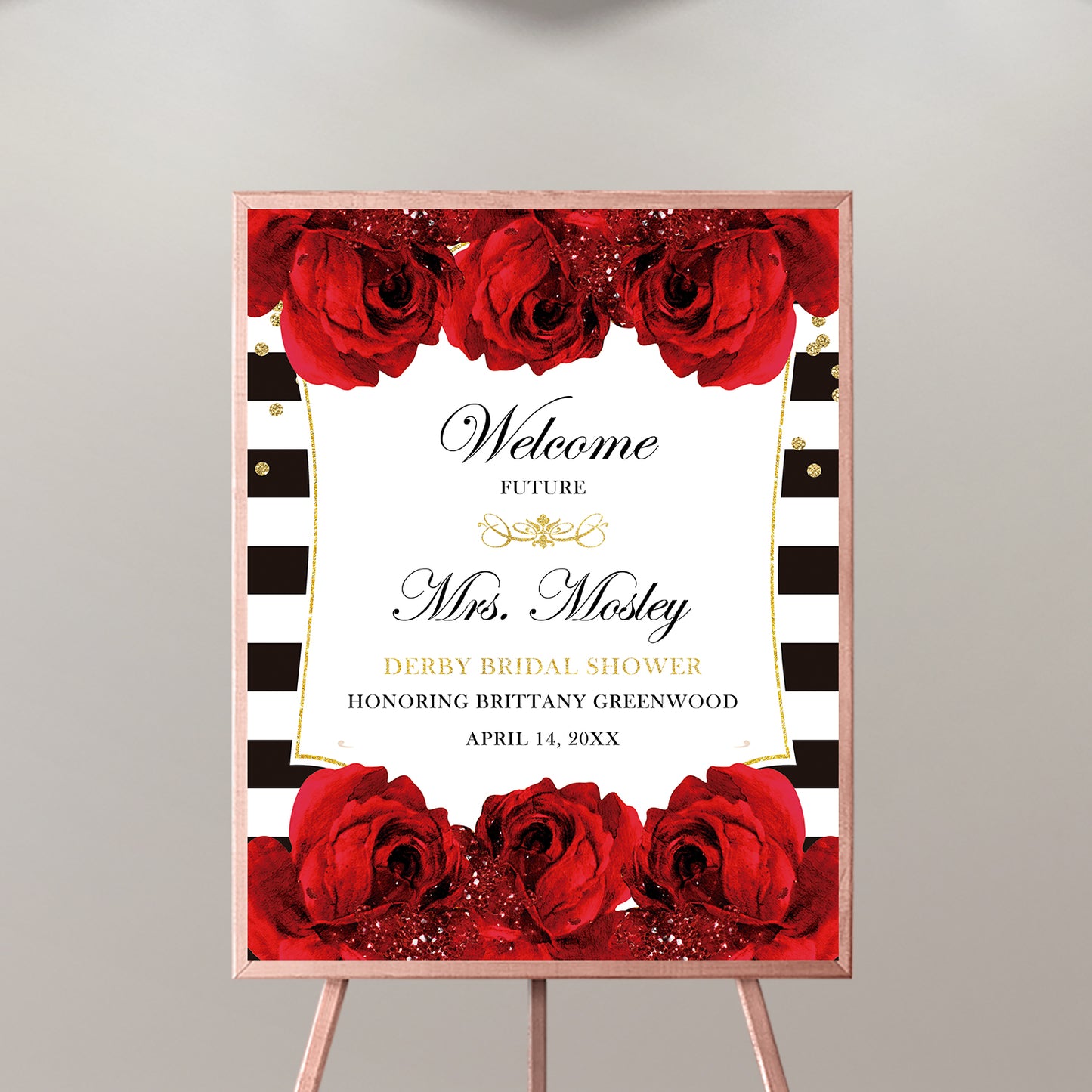 Bridal Shower Welcome Sign, Kentucky Derby Decorations, Black and White Stripes, Red Roses, Printed , Free Shipping SWBS012