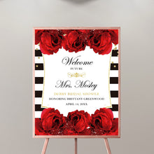 Load image into Gallery viewer, Red Rose Welcome Sign Bridal Shower Personalized Red and Black Baby Shower Decorations Custom Red and Gold Welcome Sign Printed Engagement
