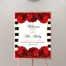 Load image into Gallery viewer, Bridal Shower Welcome Sign, Kentucky Derby Decorations, Black and White Stripes, Red Roses, Printed , Free Shipping SWBS012
