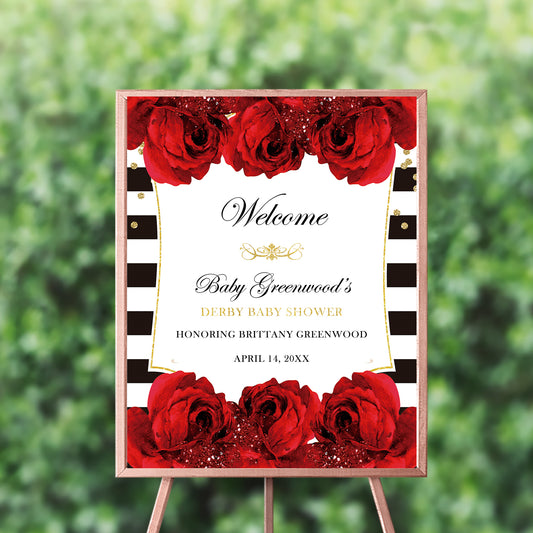 Baby Shower Welcome Sign,Black and White Stripes,Red Roses Floral Design,Red and Gold Decor,Printed or Printable File, Free Shipping SWBS012