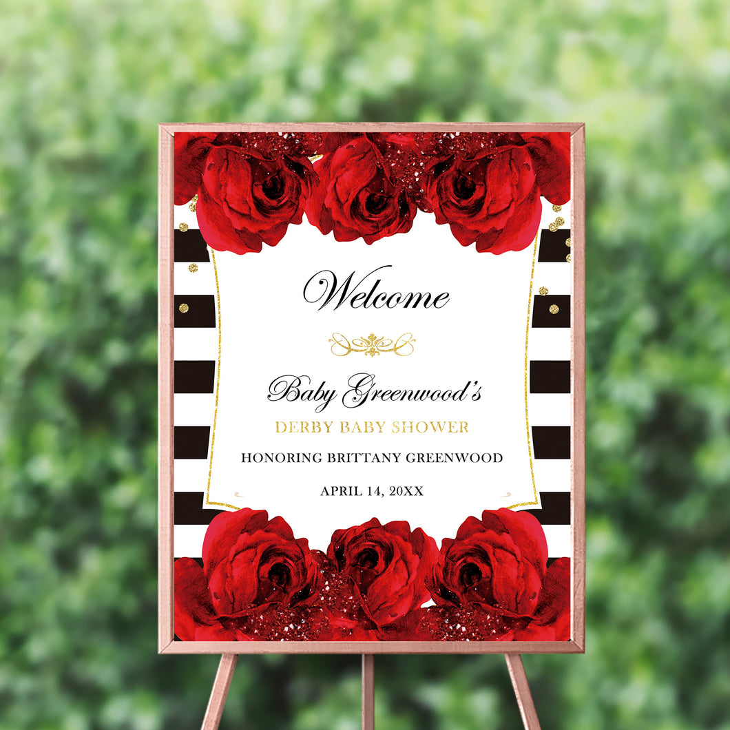 Baby Shower Welcome Sign,Black and White Stripes,Red Roses Floral Design,Red and Gold Decor,Printed or Printable File, Free Shipping SWBS012