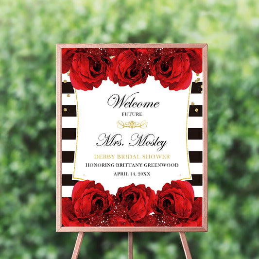 Bridal Shower Welcome Sign, Kentucky Derby Decorations, Black and White Stripes, Red Roses, Printed , Free Shipping SWBS012
