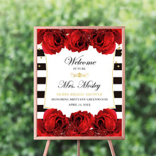 Load image into Gallery viewer, Bridal Shower Welcome Sign, Kentucky Derby Decorations, Black and White Stripes, Red Roses, Printed , Free Shipping SWBS012
