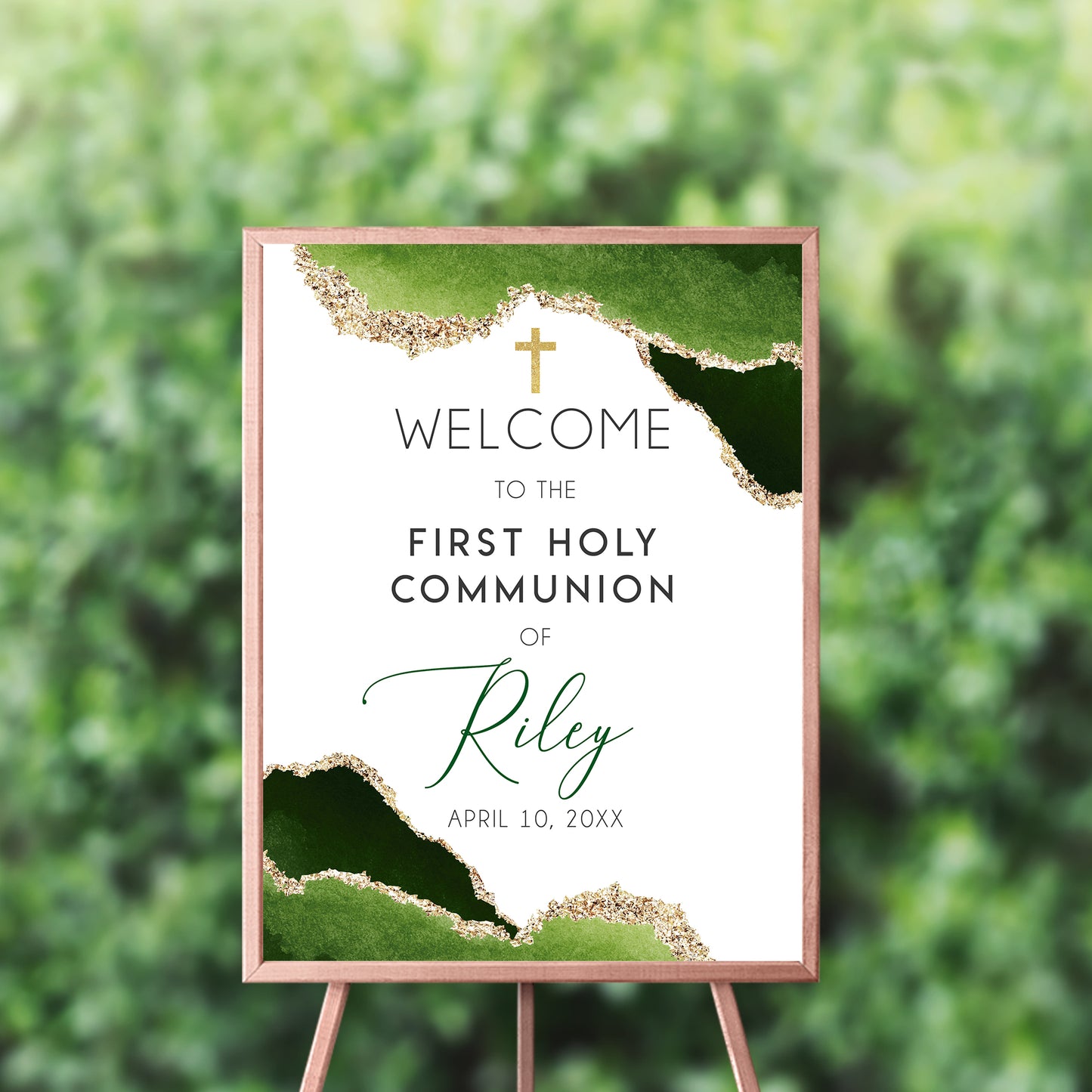 First Communion Invitation Boy Elegant Geode Event Paper Set,Geode Green Gold Communion Collection,Any Religious Event,more colors available