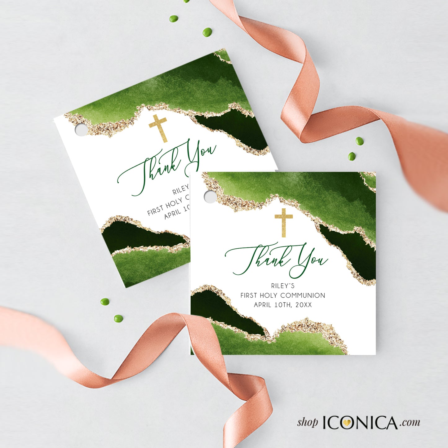 First Communion Invitation Boy Elegant Geode Event Paper Set,Geode Green Gold Communion Collection,Any Religious Event,more colors available