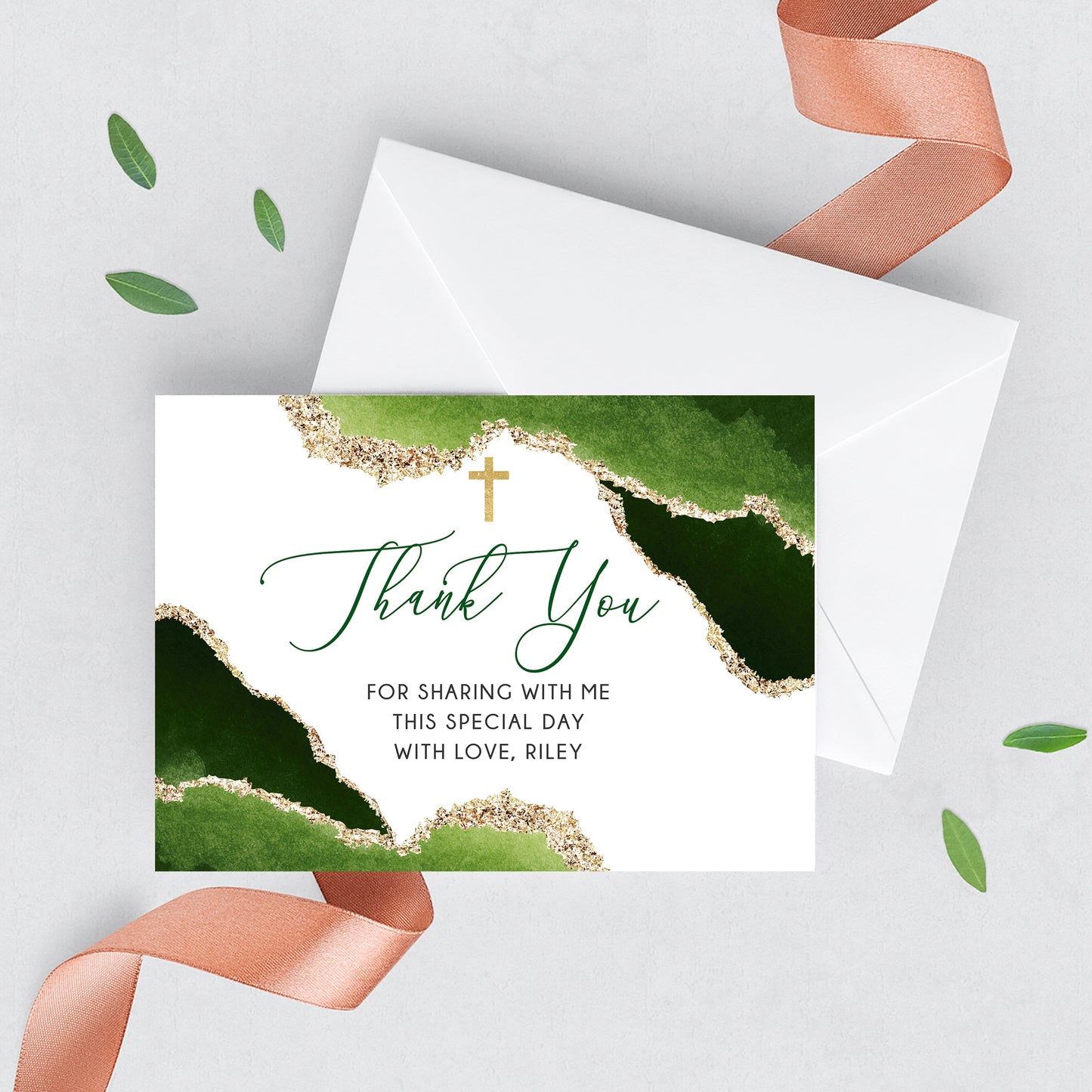 First Communion Invitation Boy Elegant Geode Event Paper Set,Geode Green Gold Communion Collection,Any Religious Event,more colors available