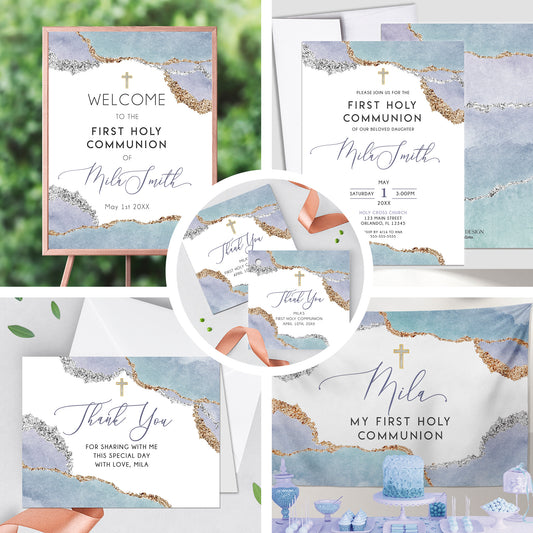 First Communion Invitation Boy or Girl Geode Elegant Invitations, Lilac Watercolor Geode Invitation, Any Religious Event