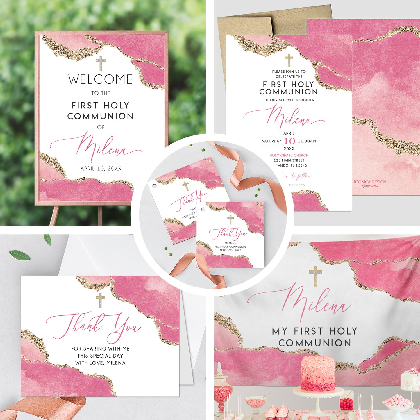 First Communion Invitation Girl Elegant Geode Event Paper Set,Geode Pink Gold Communion Collection,Any Religious Event,more colors available