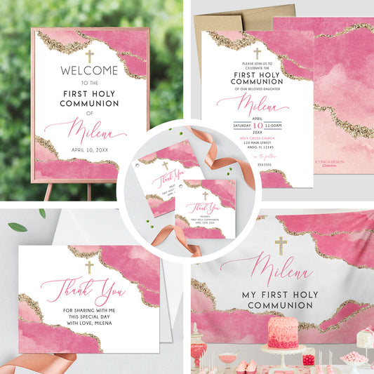 First Communion Invitation Girl Elegant Geode Event Paper Set,Geode Pink Gold Communion Collection,Any Religious Event,more colors available