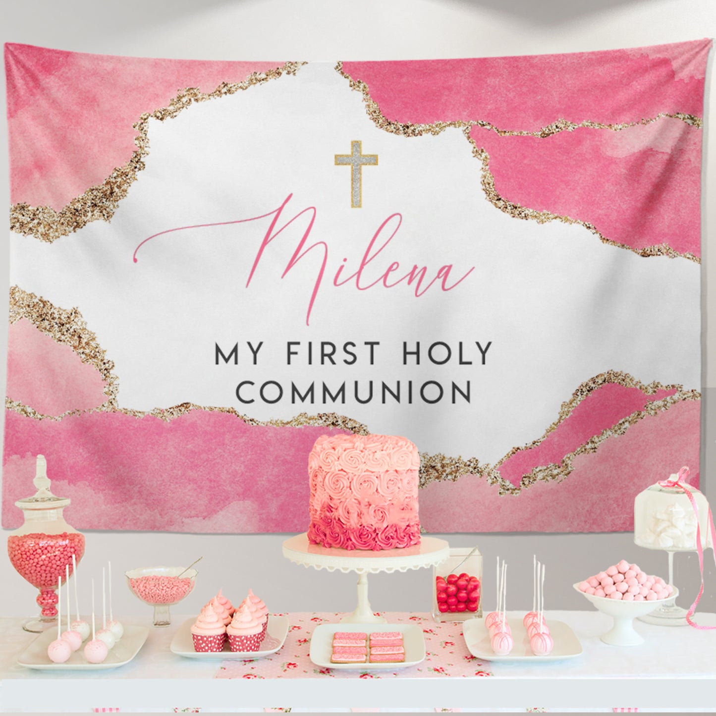 First Communion Invitation Girl Elegant Geode Event Paper Set,Geode Pink Gold Communion Collection,Any Religious Event,more colors available
