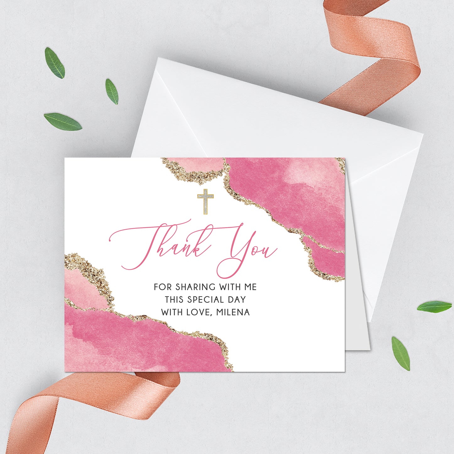 First Communion Invitation Girl Elegant Geode Event Paper Set,Geode Pink Gold Communion Collection,Any Religious Event,more colors available
