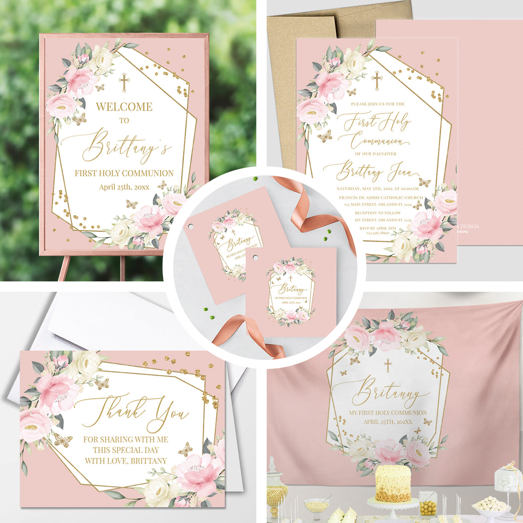First Communion Invitation Girl Elegant Event Paper Set, Pink Floral and Butterflies Communion Collection, Any Religious Event