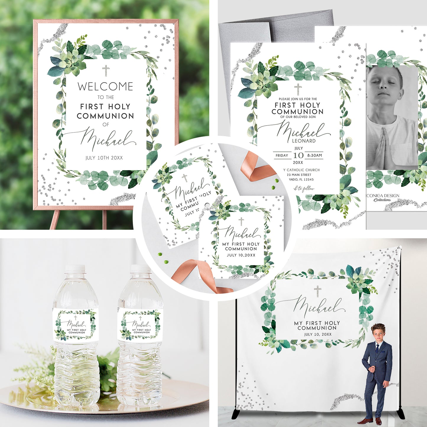 First Communion Invitation Boy or Girl Elegant First Communion Decorations Event Paper Set, Greenery Simple and Elegant Collection