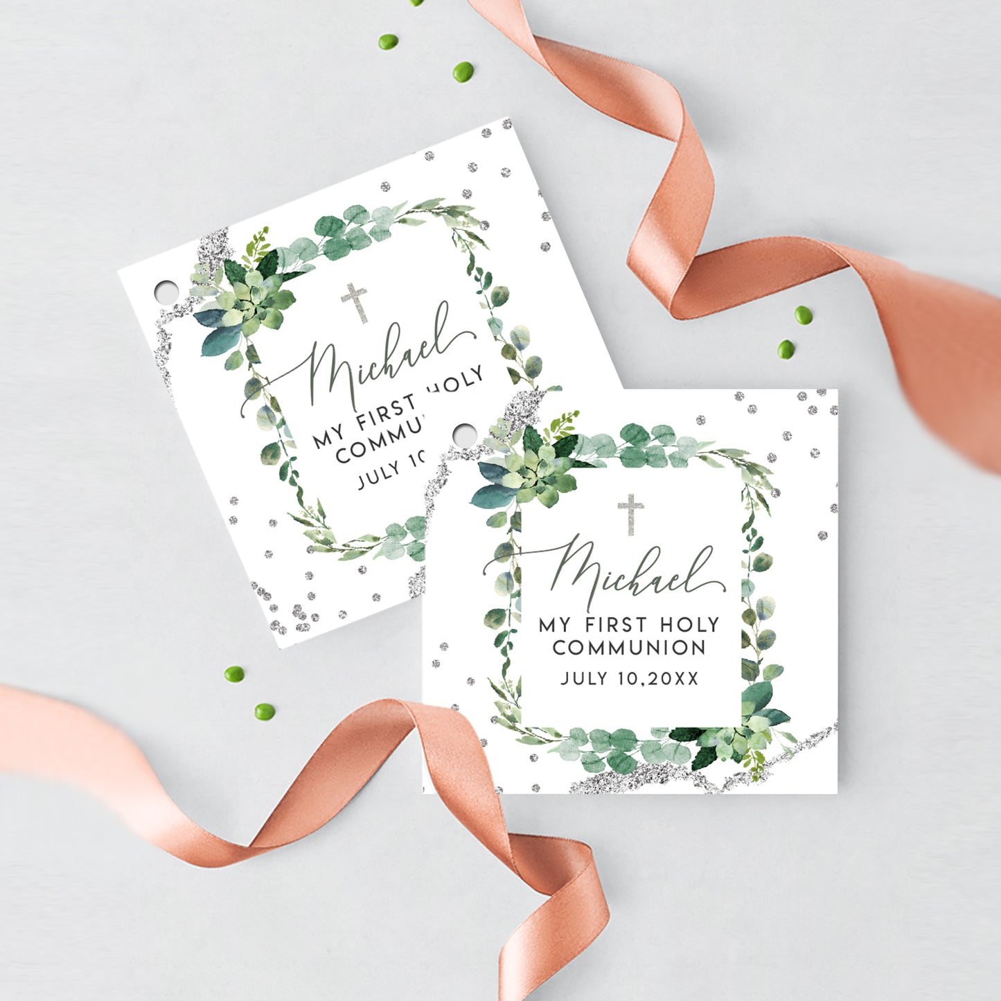 First Communion Invitation Boy or Girl Elegant First Communion Decorations Event Paper Set, Greenery Simple and Elegant Collection