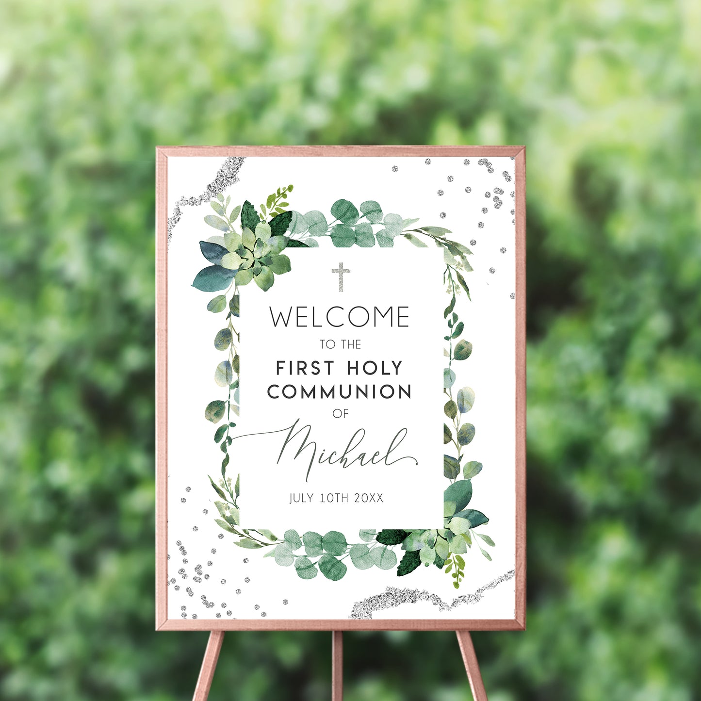 First Communion Invitation Boy or Girl Elegant First Communion Decorations Event Paper Set, Greenery Simple and Elegant Collection