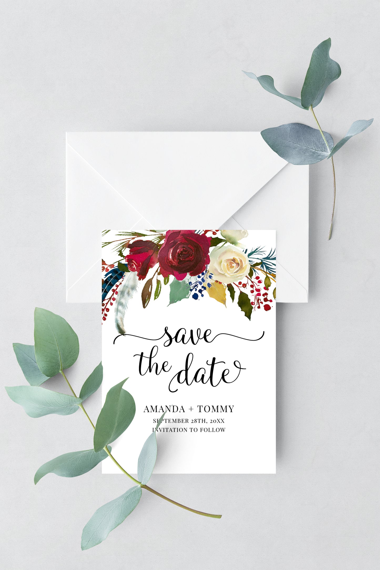 Boho Chic Wedding Invitation Burgundy Red Floral and Navy Feathers Invitation Printed Cards {Cherish Collection}
