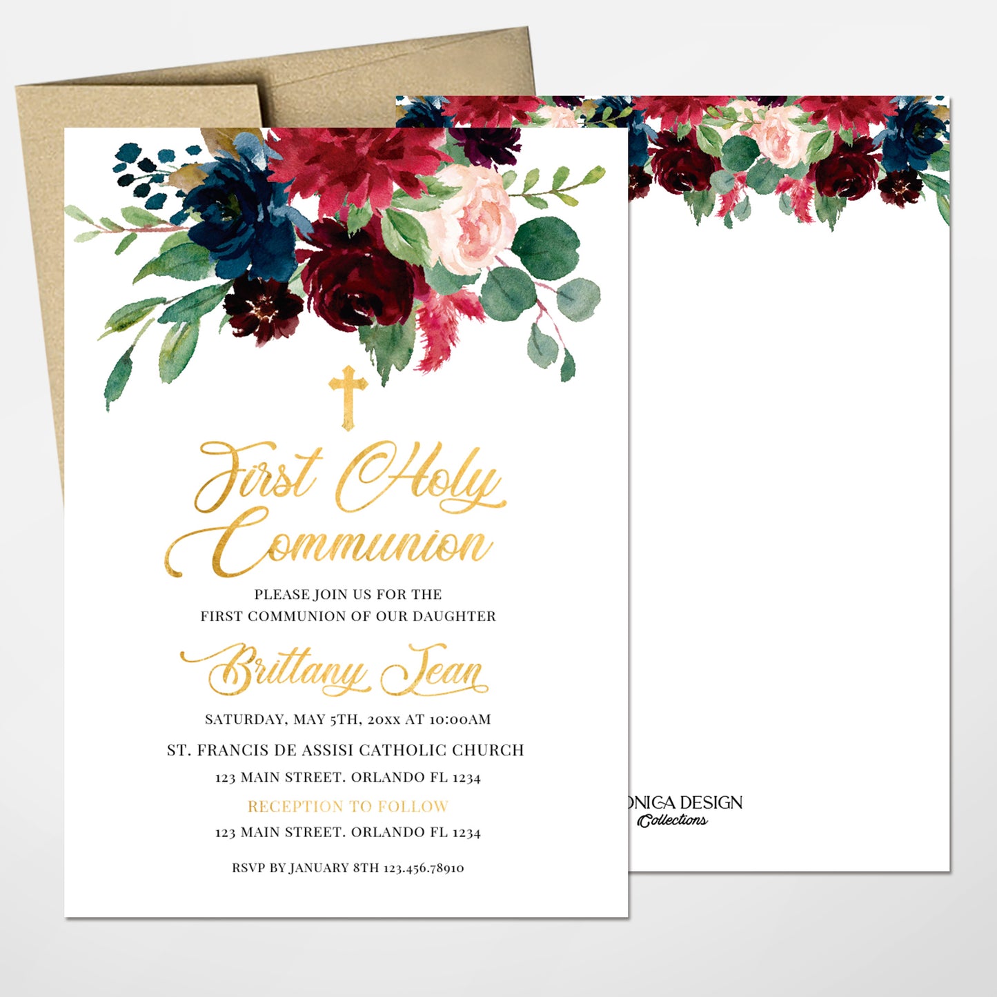 First Communion Invitation Girl Elegant Event Paper Set, Greenery Pink Blush Floral Simple and Elegant Communion Collection, Any Event