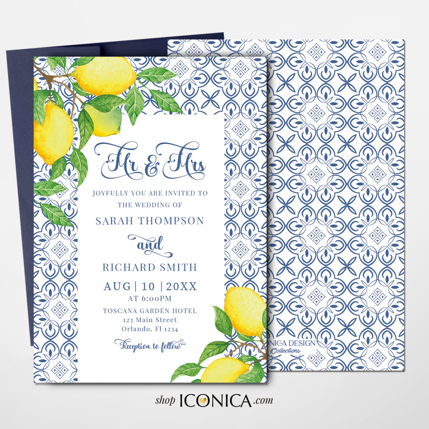 Wedding Invitation Blue Tiles Floral Invitation Shower Invitations Printed Cards Toscana Collection