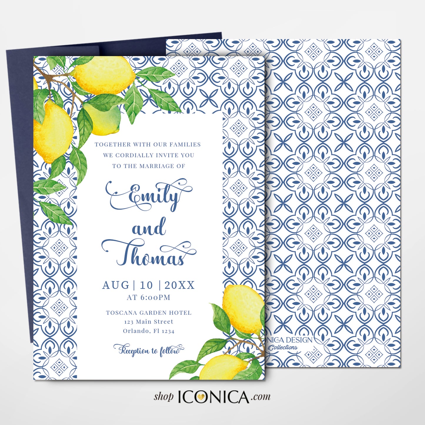 Wedding Invitation Blue Tiles Floral Invitation Shower Invitations Printed Cards Toscana Collection