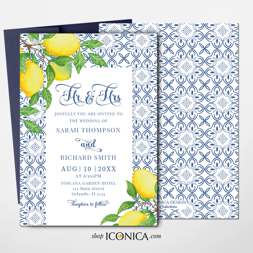 Wedding Invitation Blue Tiles Floral Invitation Shower Invitations Printed Cards Toscana Collection