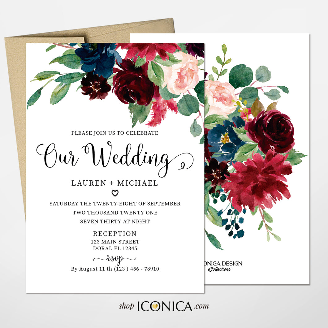 Wedding Invitations, Burgundy Pink and Navy Floral Invitation, Watercolor Events Printed  {AVA Collection}