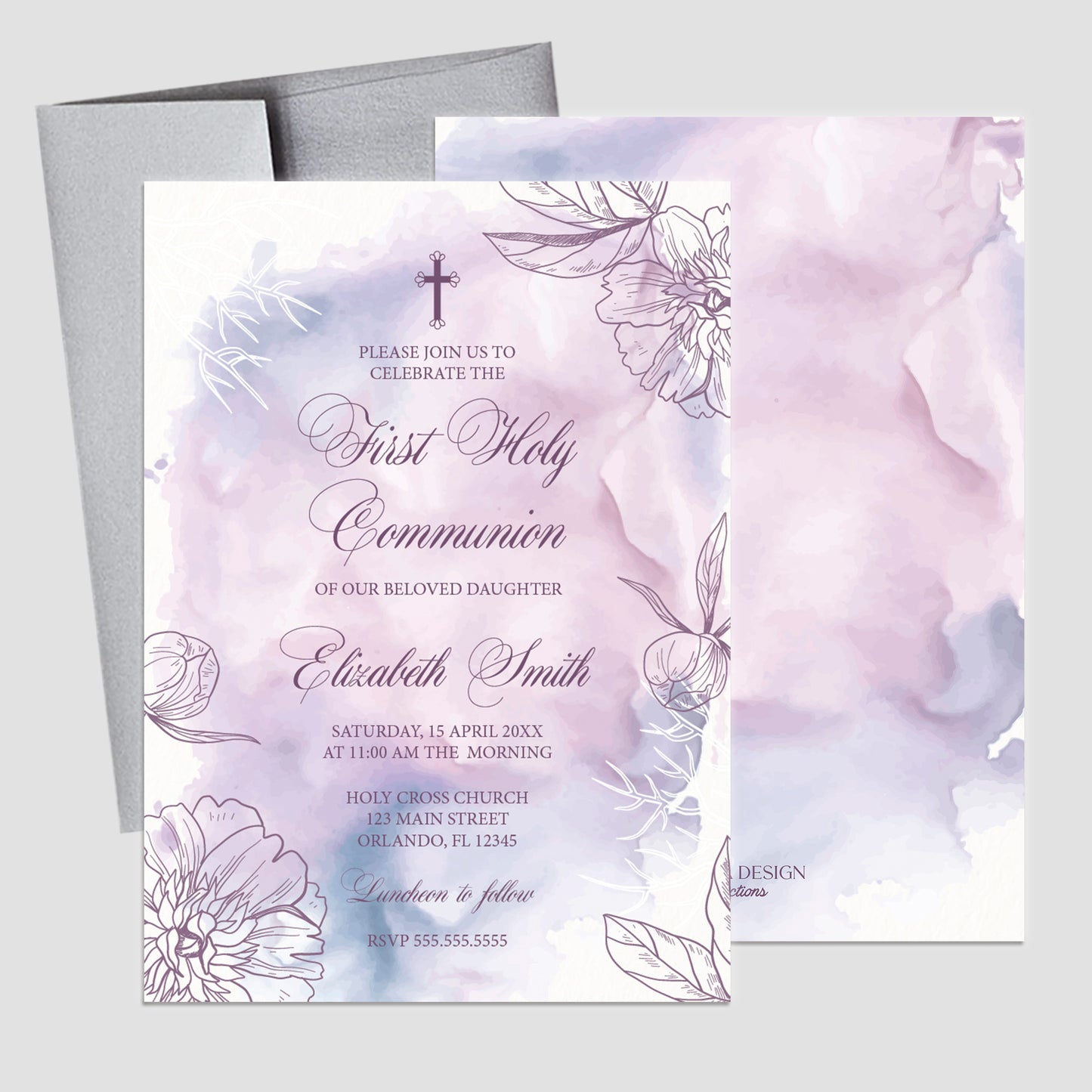 First Communion Invitation Girl, Floral Lavender Watercolor Elegant Invitations, lavender Watercolor invites, Any Religious Event