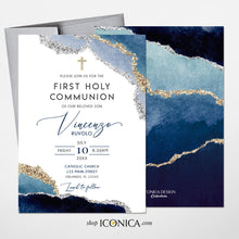 Load image into Gallery viewer, First Communion Invitation Boy Elegant Geode Event Paper Set,Geode Navy Gold Communion Collection,Any Religious Event,more colors available
