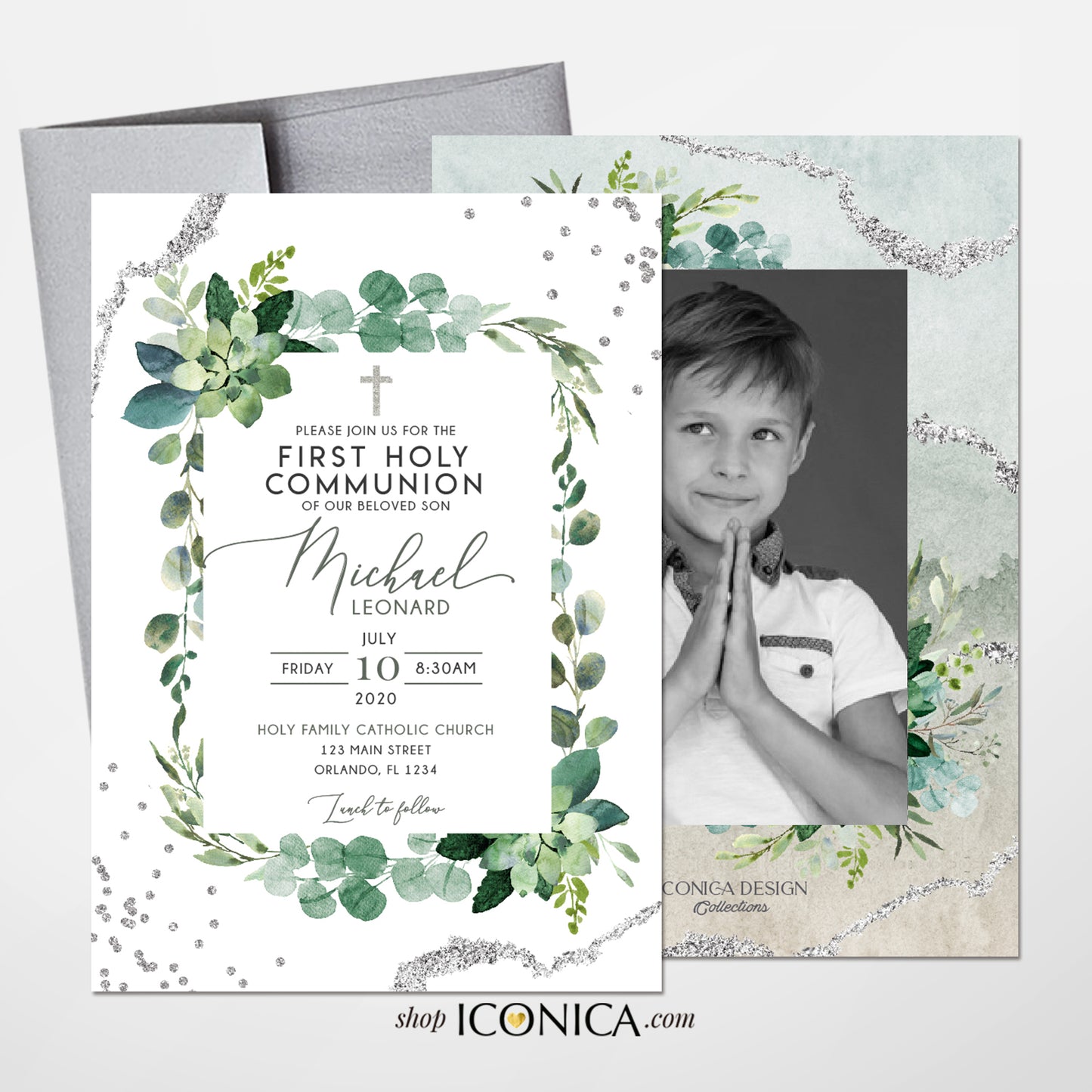 First Communion Invitation Boy or Girl Elegant First Communion Decorations Event Paper Set, Greenery Simple and Elegant Collection