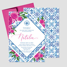 Load image into Gallery viewer, First Communion Invitation for Girl Tuscan Hot Pink Floral Design - Natalia Collection

