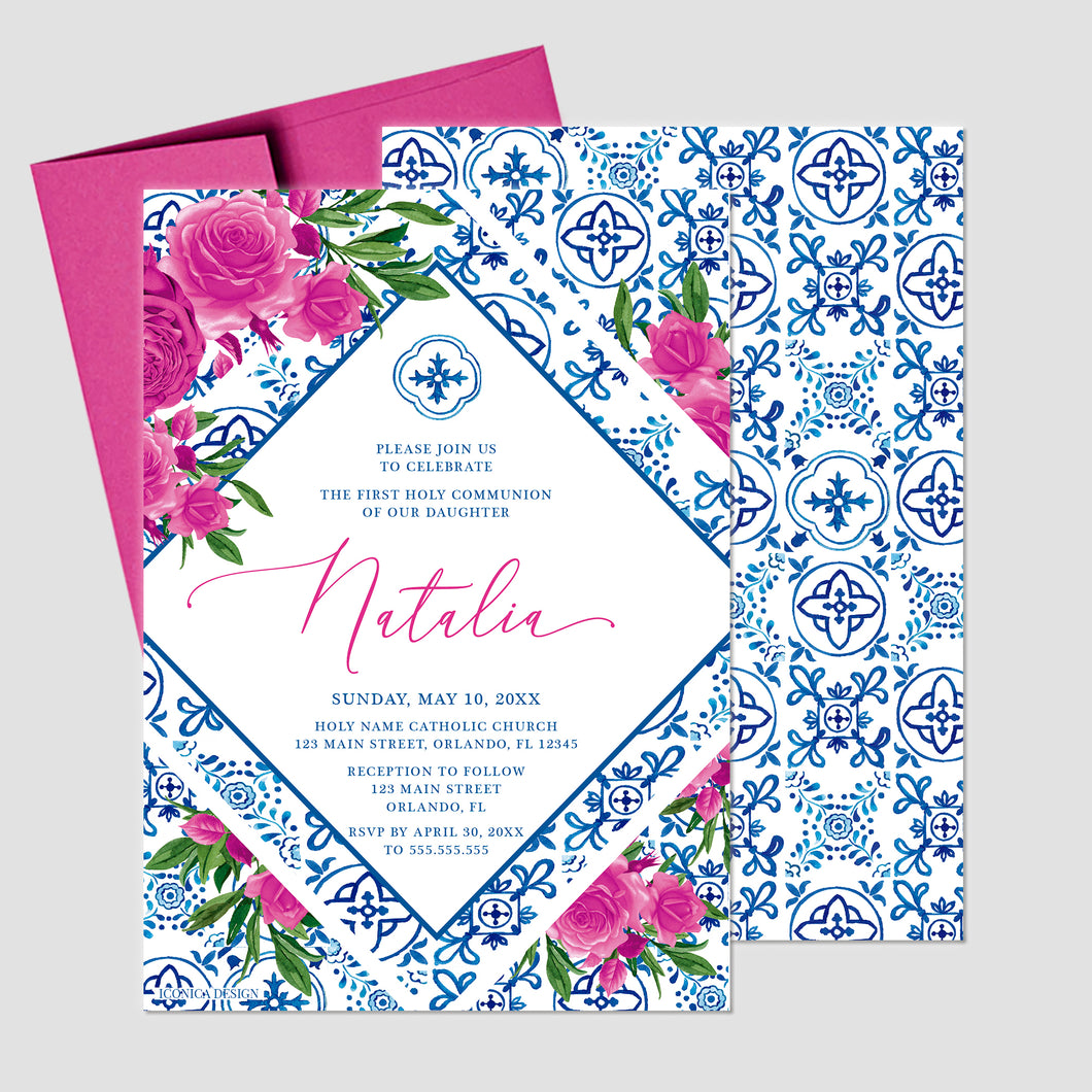 First Communion Invitation for Girl Tuscan Hot Pink Floral Design - Natalia Collection