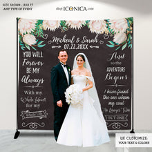 Load image into Gallery viewer, Wedding Photo Backdrop, Custom Step And Repeat Backdrop, Engagement Party Banner, Floral Wedding Backdrop, Printed BWD0008
