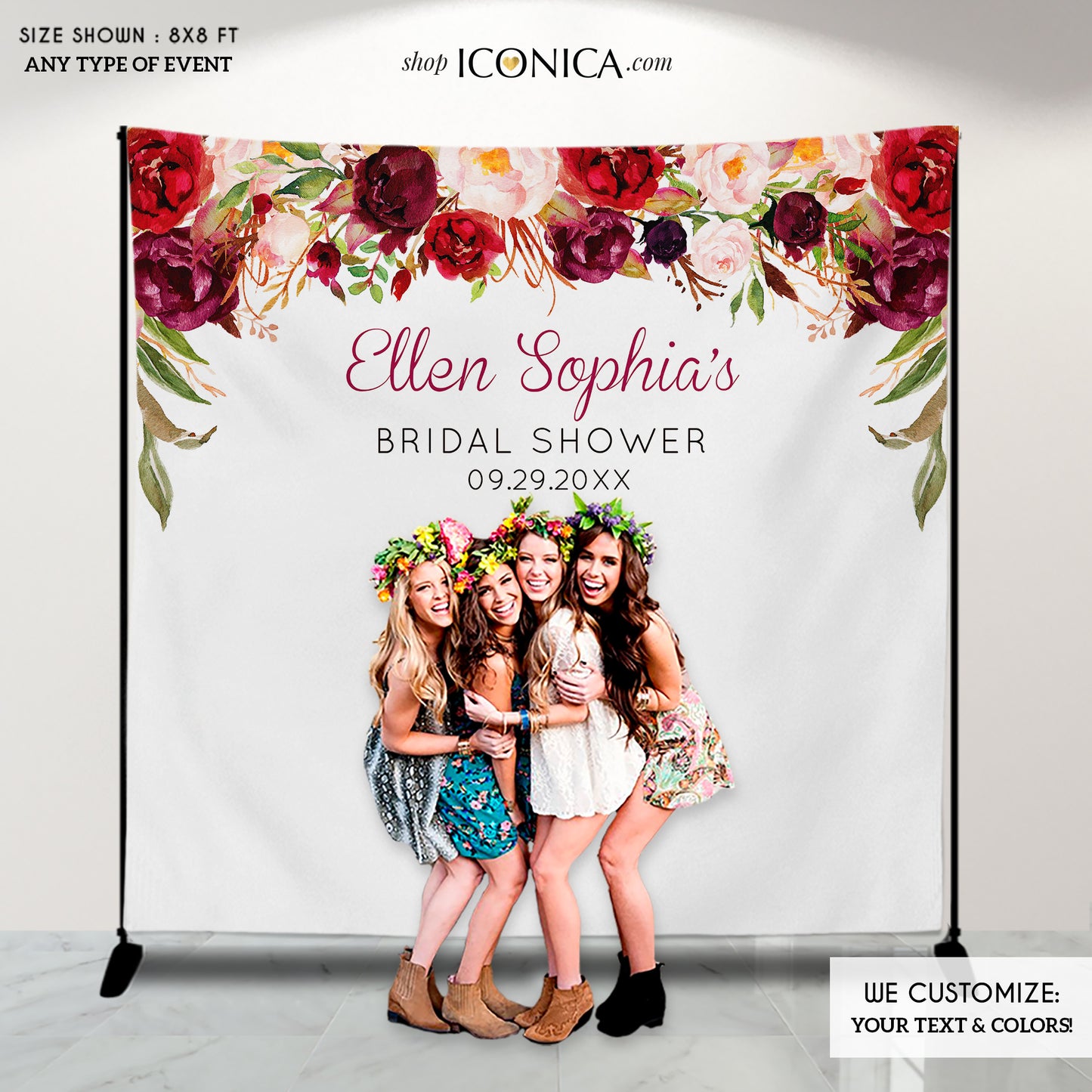 Bridal Shower backdrop,Wedding Backdrop, Floral Backdrop Burgundy and Pink Watercolor, Personalized step and repeat,Engagement Party BBR0032